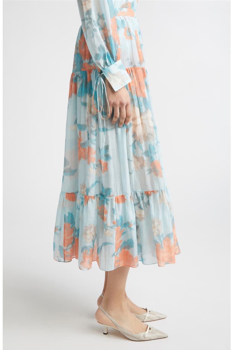 Floral Print Tiered Cotton & Silk Voile Midi Skirt, Alternate, color, TRAILING POPPY DREAM BLUE
