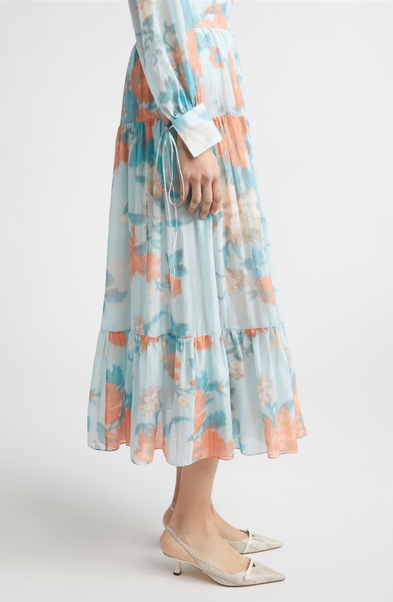 Erdem Floral Print Tiered Cotton & Silk Voile Midi Skirt, Alternate, color, Trailing Poppy Dream Blue