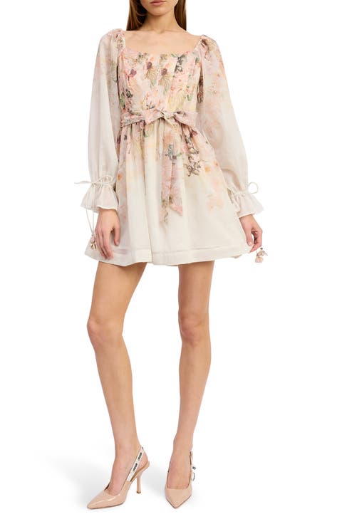Floral Print Tie Waist Long Sleeve Chiffon Minidress