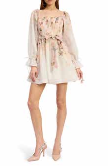 Floral Print Tie Waist Long Sleeve Chiffon Minidress