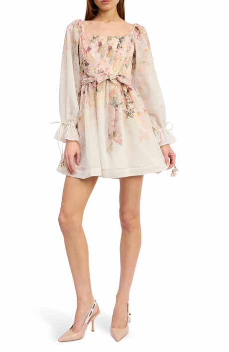 Floral Print Tie Waist Long Sleeve Chiffon Minidress