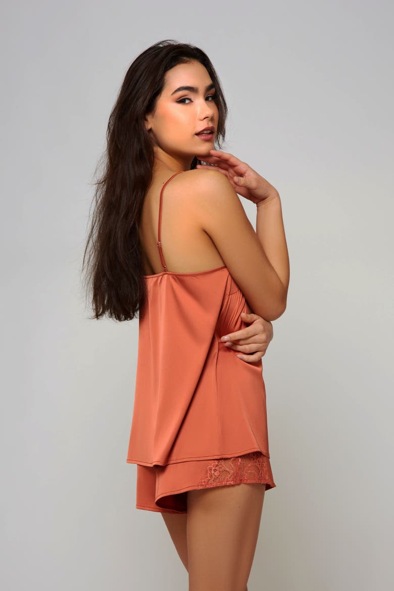 Lace Trim Satin Cami Pajamas, Alternate, color, Copper