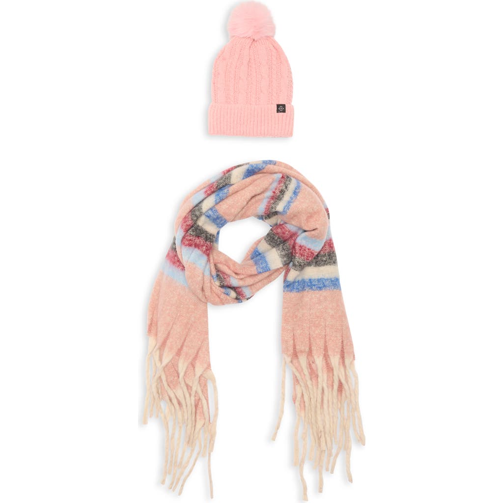 Nanette Lepore Faux Fur Pompom Beanie & Scarf Set In Pink