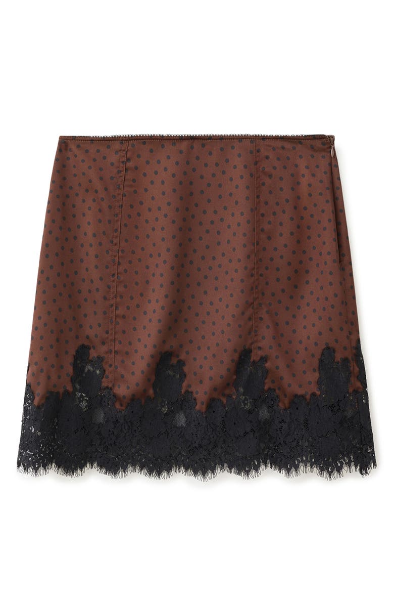 MANGO Polka Dot Lace Trim Satin Skirt, Alternate, color, Brown