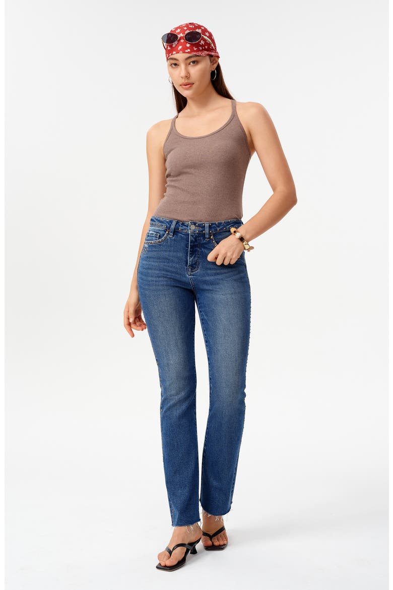 Rivet Studded High Waist Raw Hem Bootcut Jeans, Alternate, color, MEDIUM BLUE