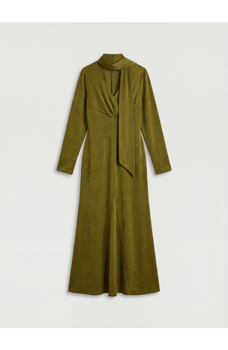 Warehouse Plain Scarf Detail Tie Neck Maxi Dress, Alternate, color, Olive