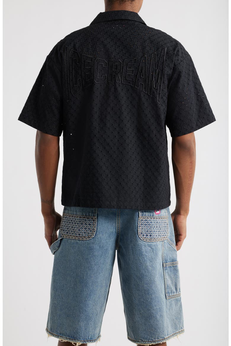 Mega Crop Cotton Pointelle Camp Shirt, Alternate, color, BLACK