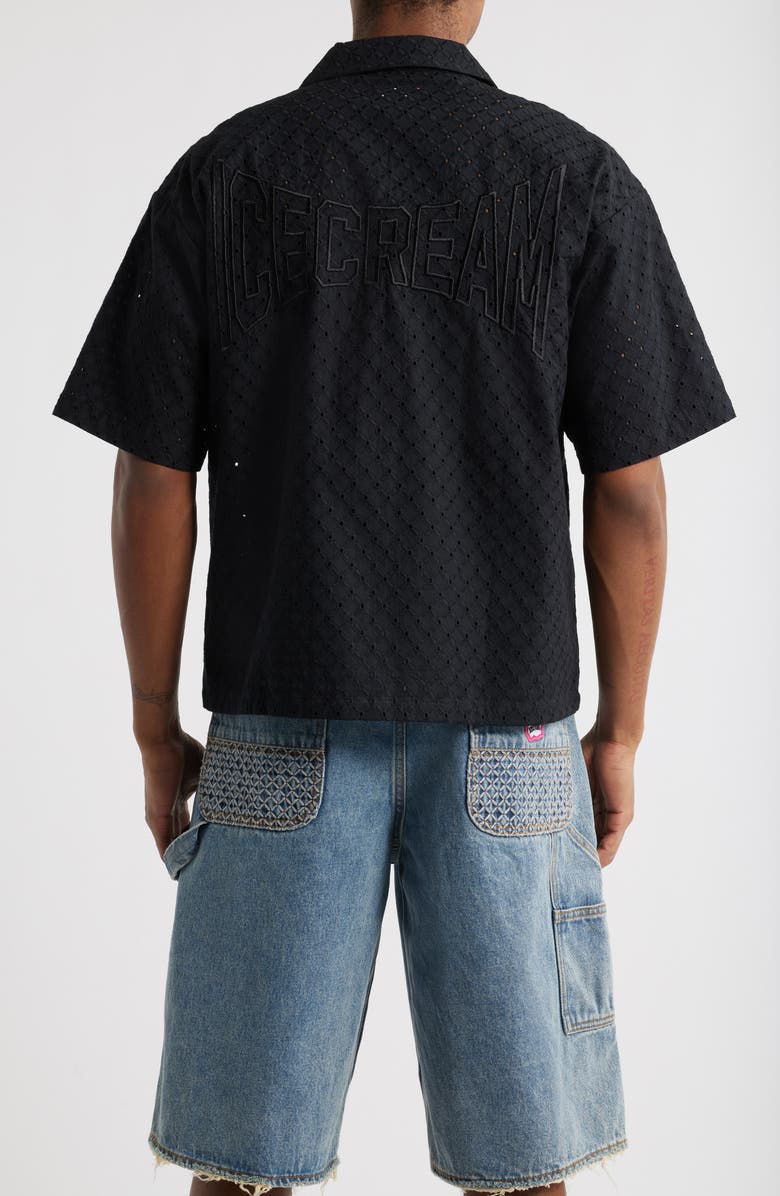 ICECREAM Mega Crop Cotton Pointelle Camp Shirt, Alternate, color, Black