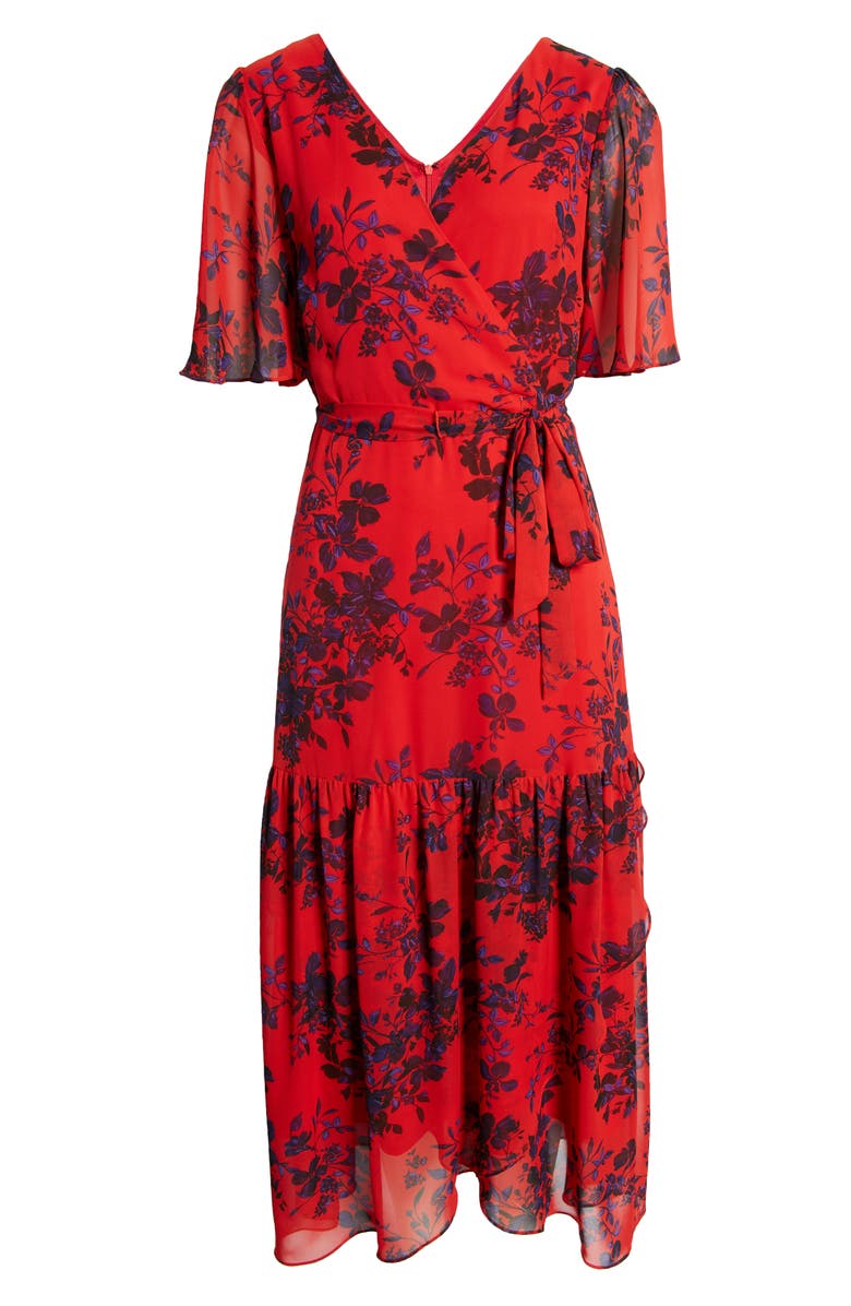 Donna Ricco Floral Faux Wrap Flutter Sleeve Dress, Alternate, color, 