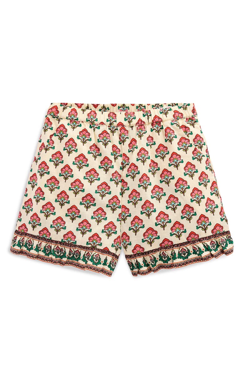 Mini Boden Kids' Print Cotton Ruffle Hem Shorts, Main, color, Ivory Woodblock Floral