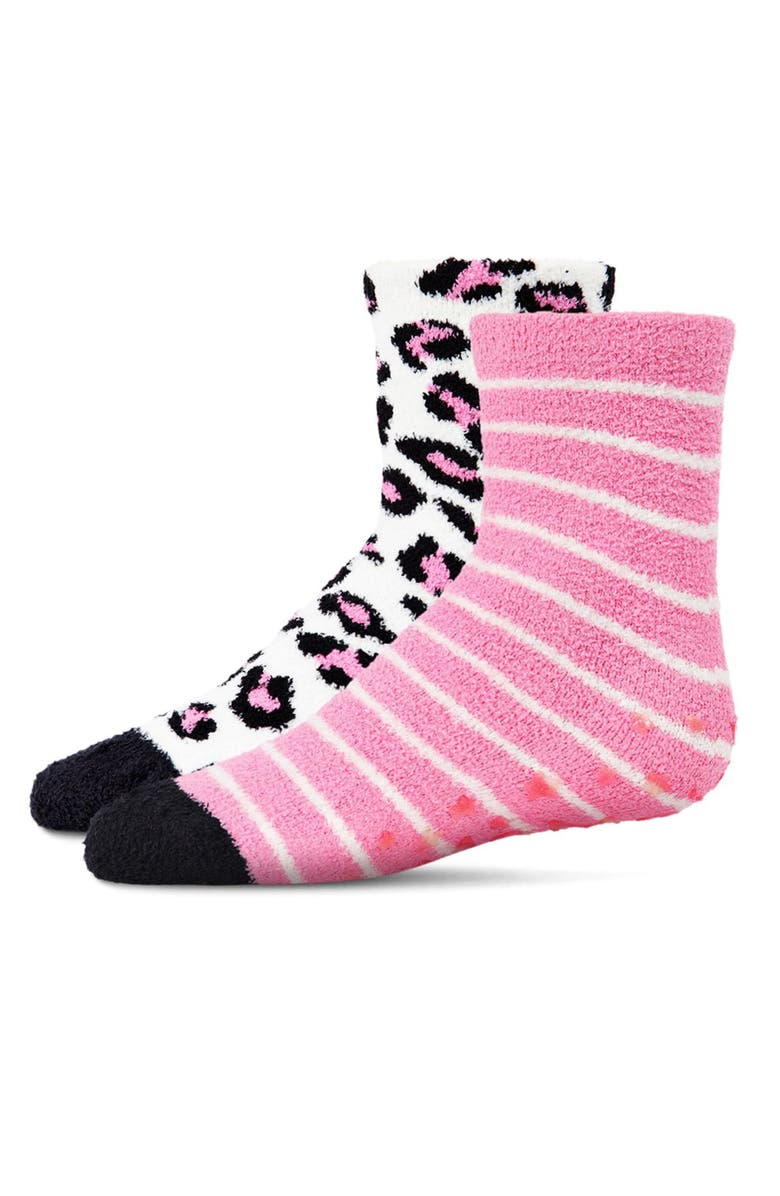 MeMoi Leopard Fuzzy Non-Skid Socks 2-Pair, Main, color, Black