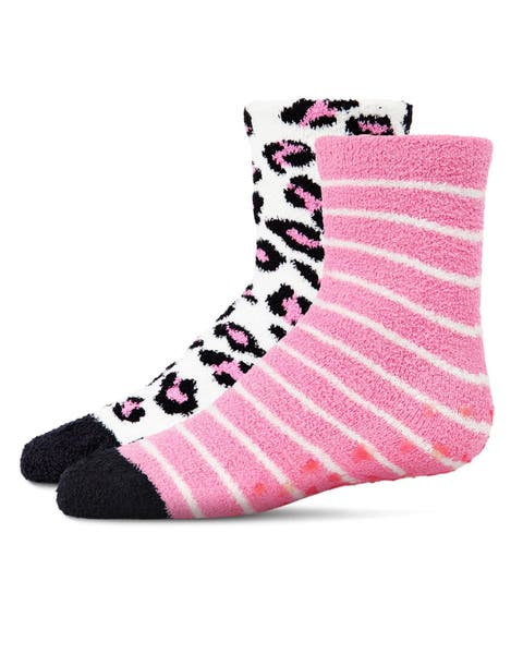 Leopard Fuzzy Non-Skid Socks 2-Pair (Big Kid)