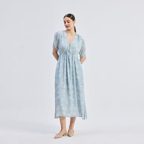 Womens Maxi Gathered Dress in Blue Florals XX Large