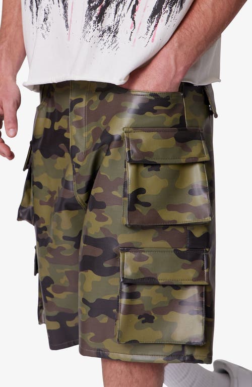 Mnml Baggy Camo Faux Leather Cargo Shorts In Green