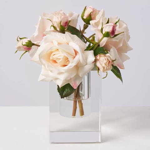 Blush Juliette Rose Blooms & Buds in Crystal Block Vase