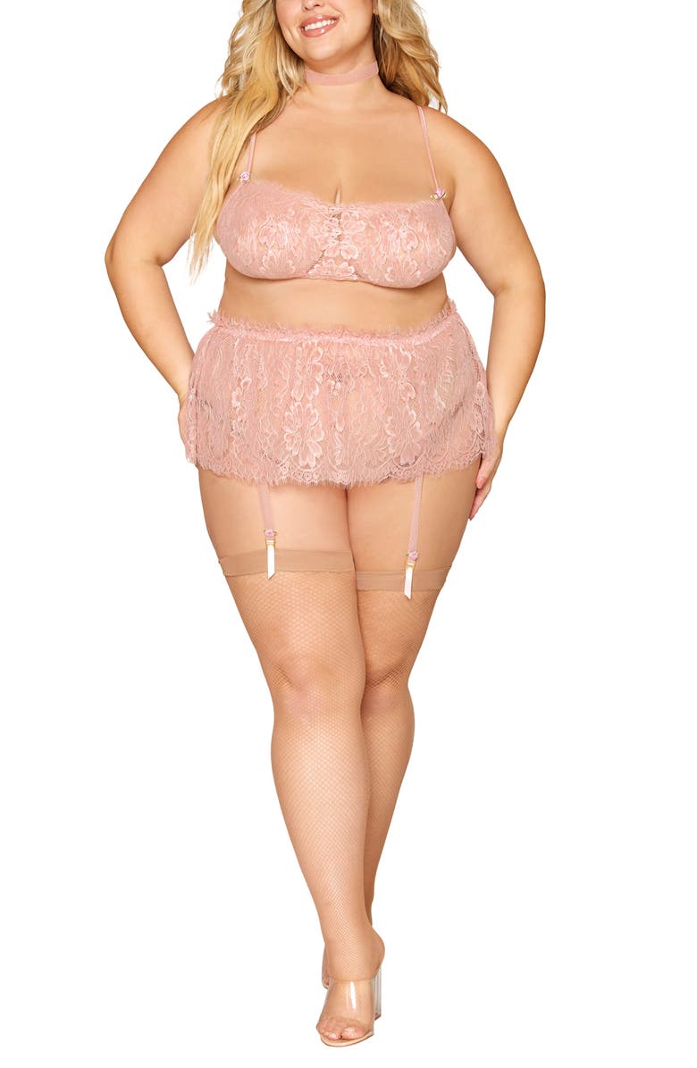 Dreamgirl Floral Lace Bralette, Garter Skirt & Choker Set, Alternate, color, Rose Quartz