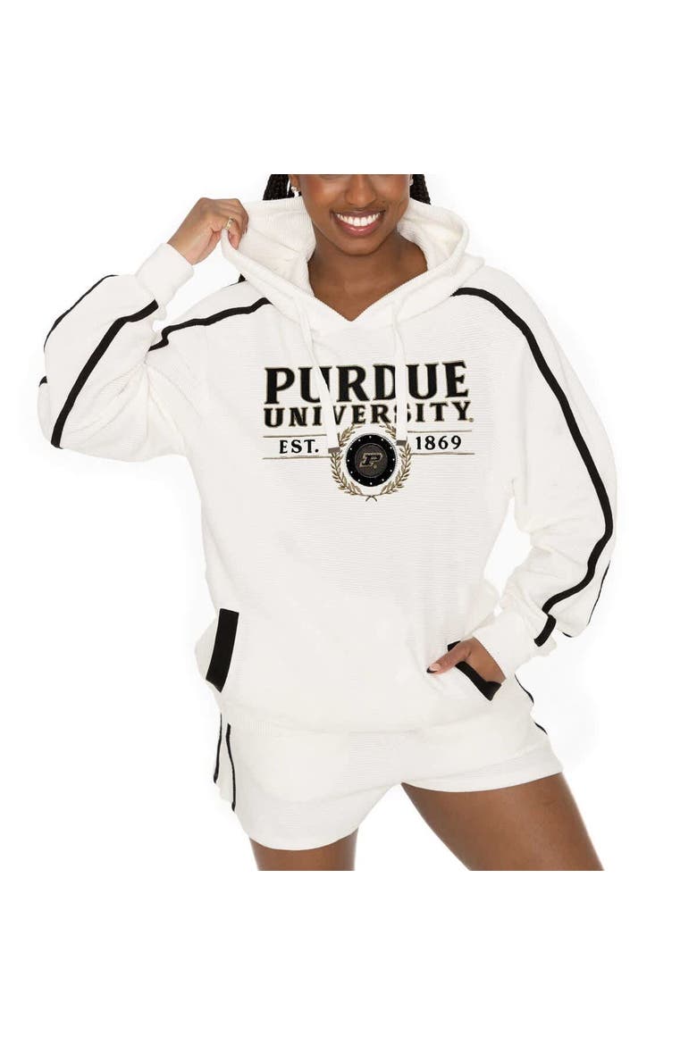Women's Gameday Couture Cream Purdue Boilermakers Down, Set, Go Pullover Hoodie and Shorts Set, Alternate, color, Cream