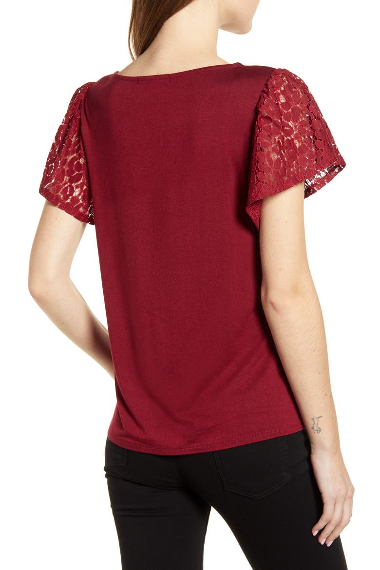 Gibson Glam Flutter Sleeve Lace Front Cotton Blend Top, Alternate, color, BURGUNDY