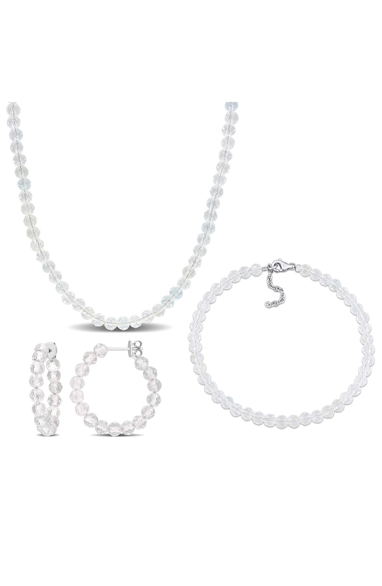 DELMAR Beaded White Topaz Hoop Earrings, Bracelet & Necklace Set