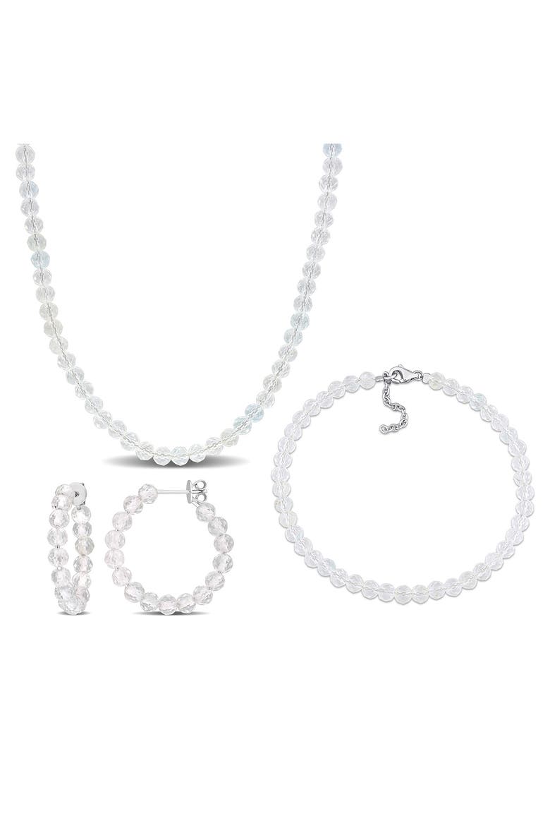 Beaded White Topaz Hoop Earrings, Bracelet & Necklace Set, Main, color, SILVER
