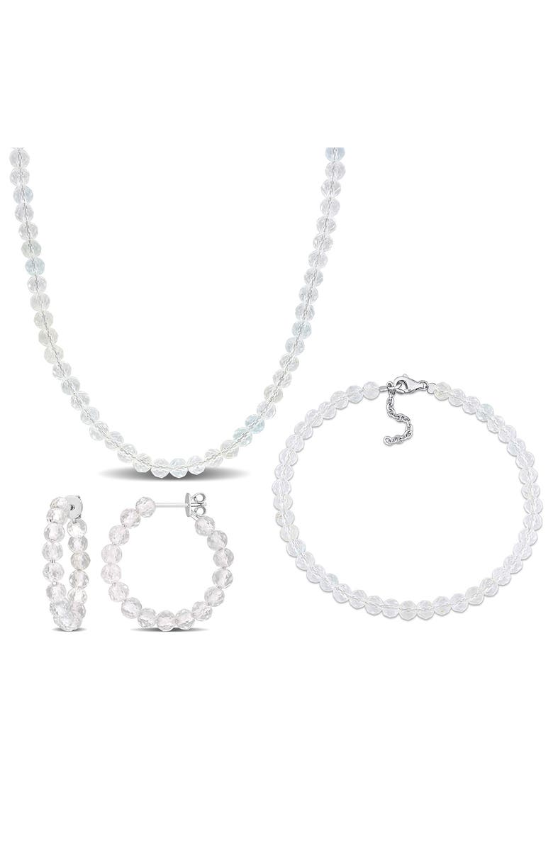 DELMAR Beaded White Topaz Hoop Earrings, Bracelet & Necklace Set, Main, color, Silver