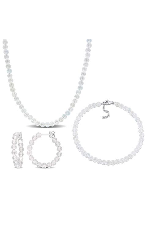 Beaded White Topaz Hoop Earrings, Bracelet & Necklace Set
