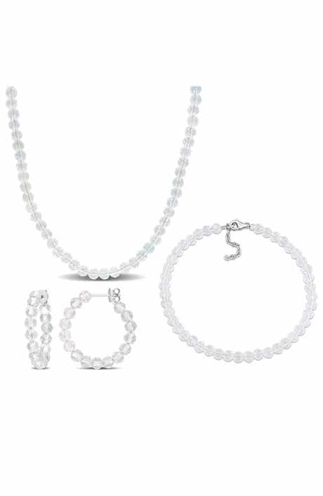 DELMAR Beaded White Topaz Hoop Earrings, Bracelet & Necklace Set