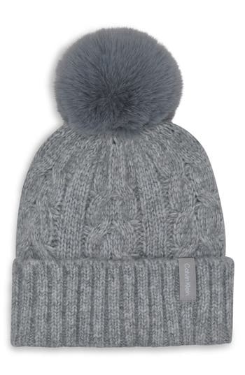 Calvin Klein Faux Fur Pompom Beanie In Gray