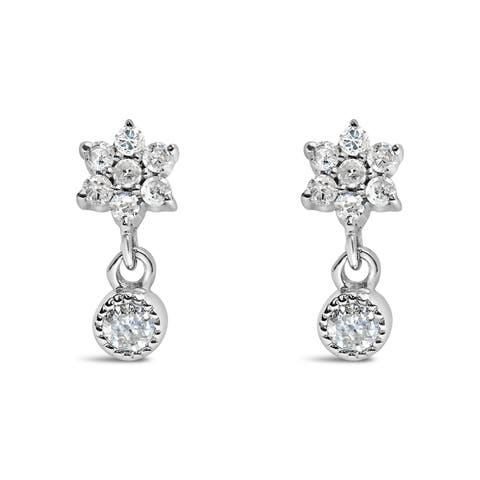 Silver 1/10 Cttw Diamond Star Stud with Bezel Drop Dangle Earrings