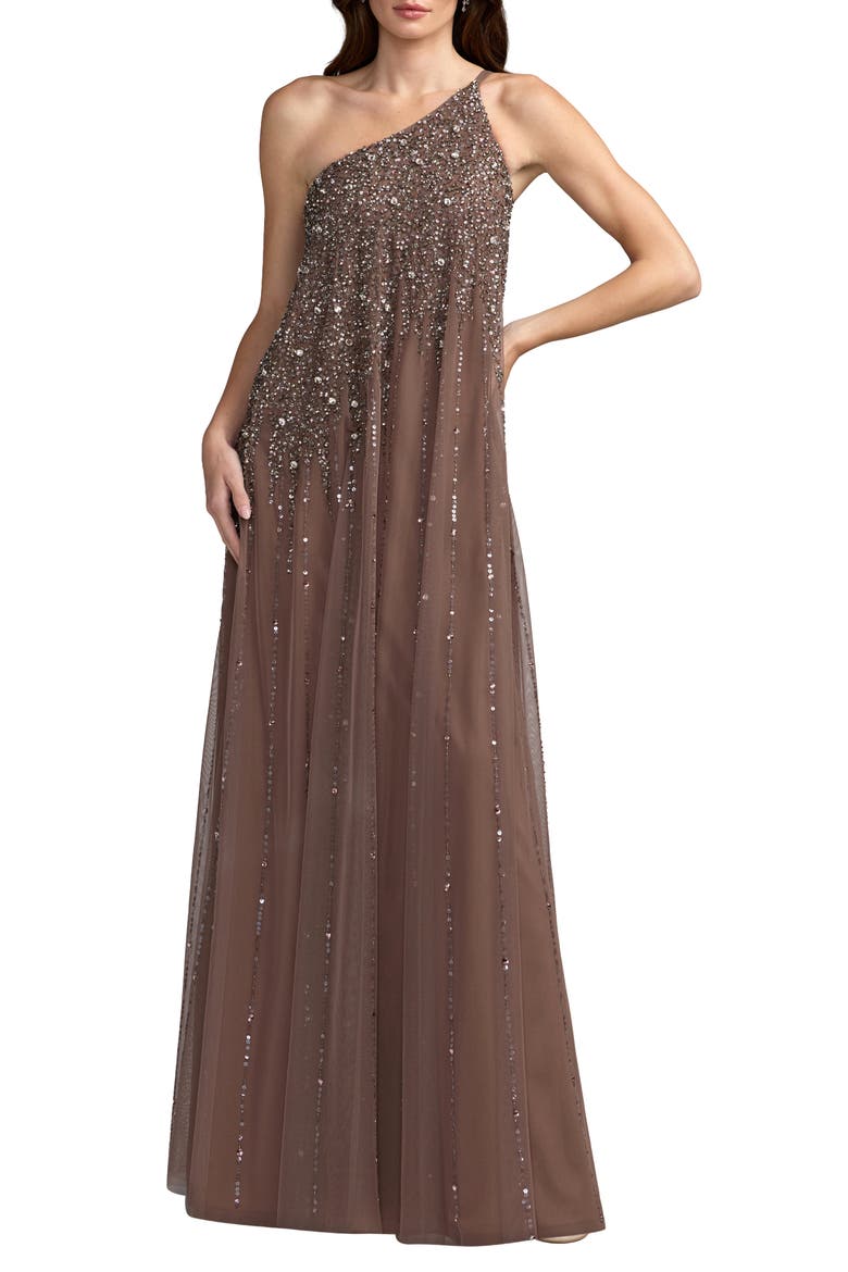 One Shoulder Embellished Trapeze A Line Gown, Main, color, Chocolate