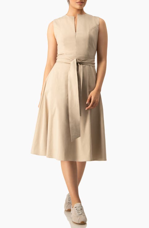 Sleeveless Belted Split Neck A-Line Midi Dress with Sash