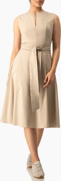 IVONNE Sleeveless Belted Split Neck A-Line Midi Dress with Sash