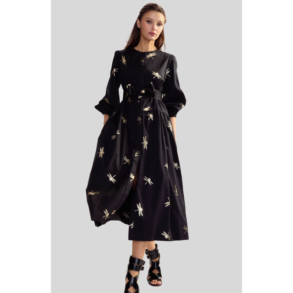 Shop Cynthia Rowley Cotton Sateen Shirt Dress In Black Gold
