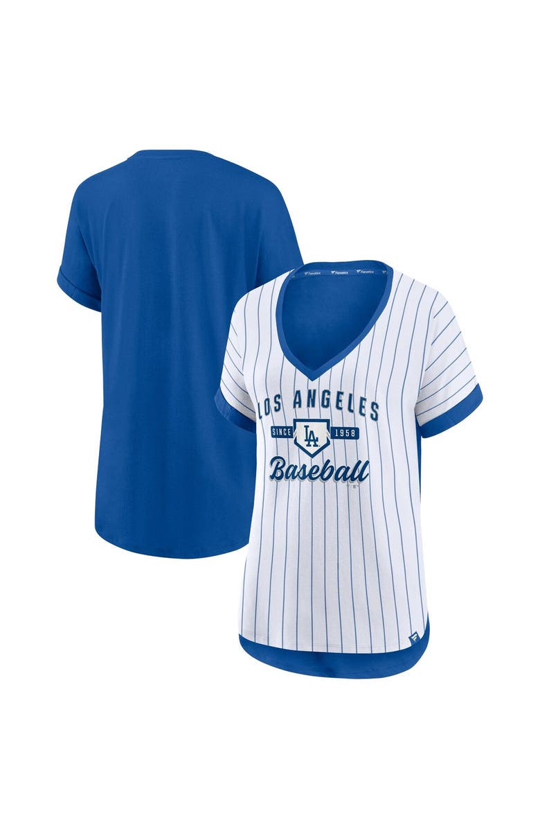 FANATICS Women's Fanatics Branded White/Royal Los Angeles Dodgers Iconic Noise Factor Pinstripe V-Neck T-Shirt, Alternate, color,