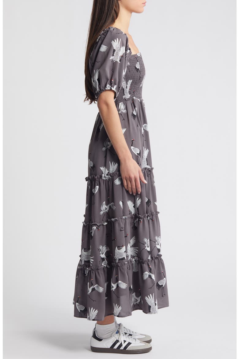 Crane Print Smocked Dress, Alternate, color, GREY CRANE