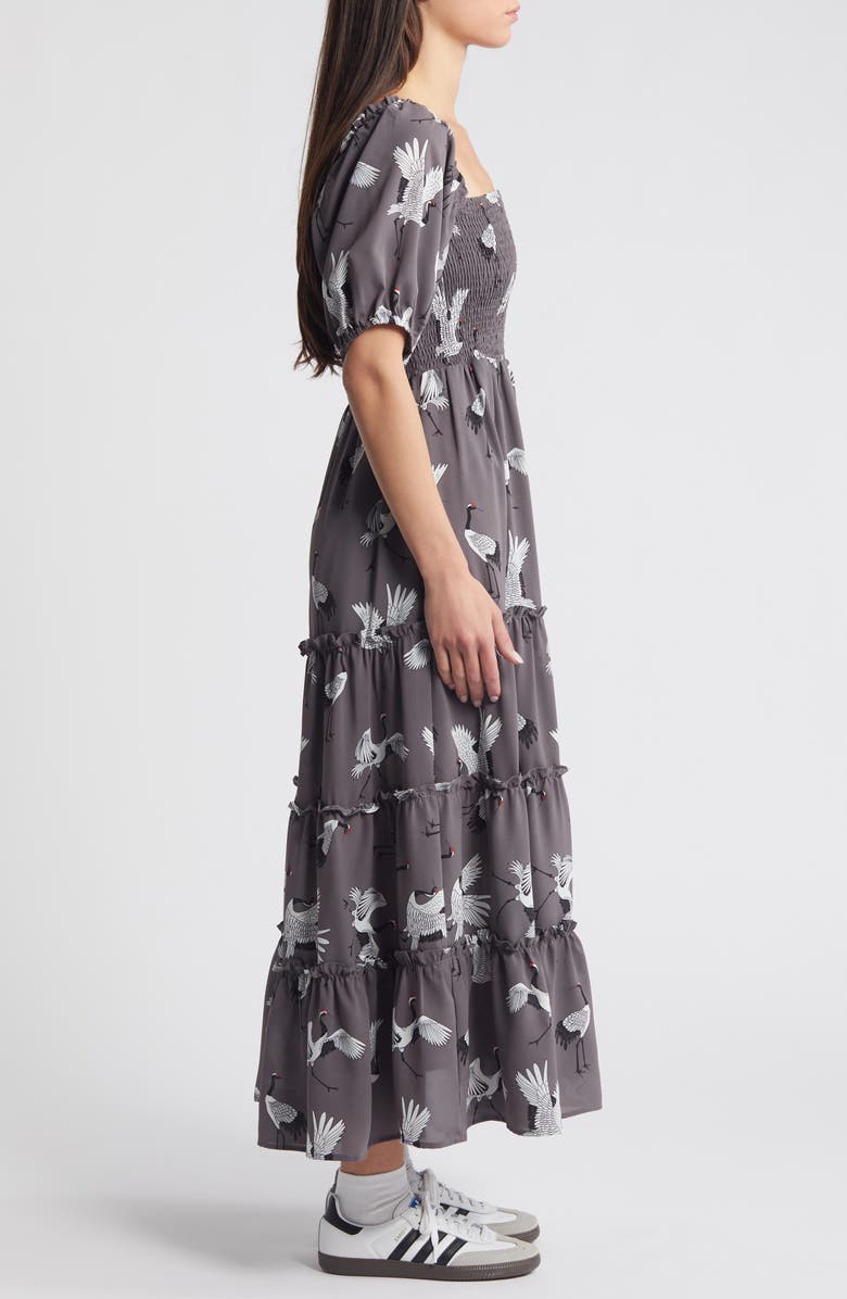 Dressed in Lala Crane Print Smocked Dress, Alternate, color, Grey Crane