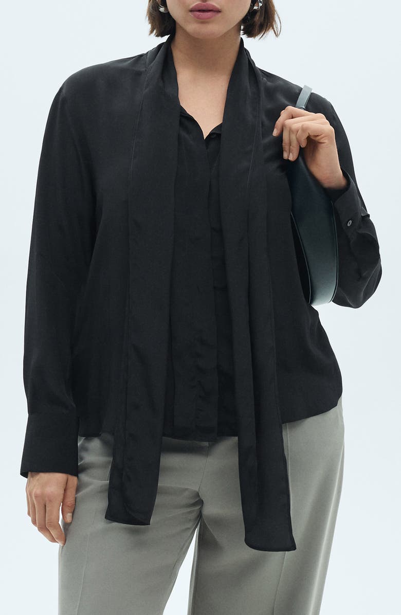 MANGO Tie Neck Satin Shirt, Alternate, color, 