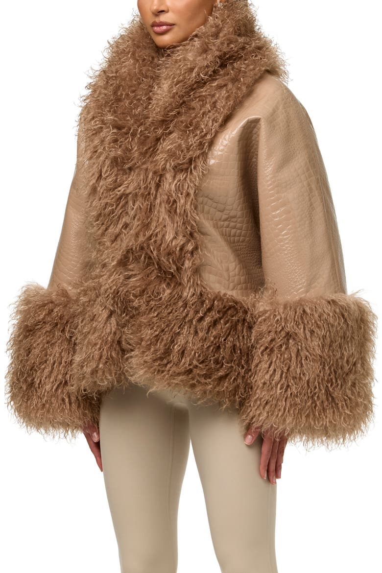 Croc Embossed Faux Leather & Faux Fur Cocoon Coat, Alternate, color, BISCOTTI