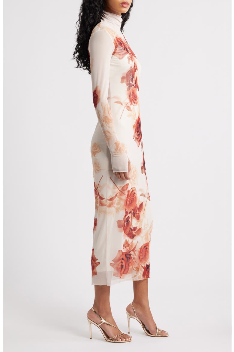 Shailene Print Long Sleeve Mesh Body-Con Midi Dress, Alternate, color, SEPIA ROSES