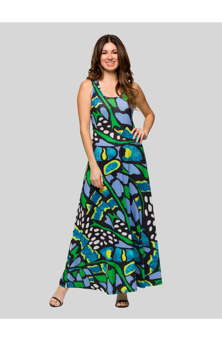 24seven Comfort Apparel Blue Butterfly Print Scoop Neck A-Line Sleeveless Maxi Dress, Main, color, Green Multi