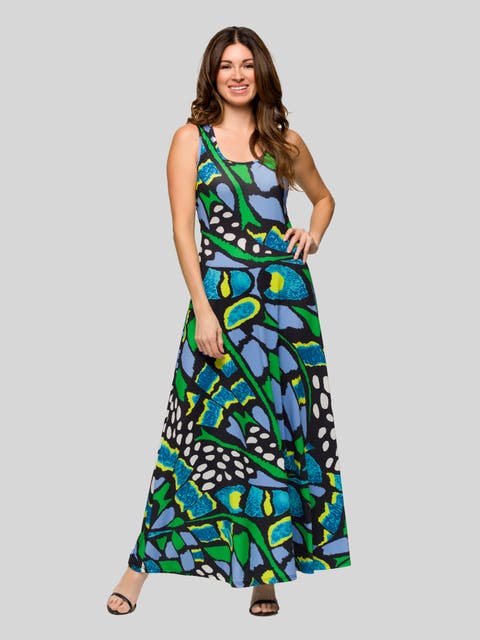 Blue Butterfly Print Scoop Neck A-Line Sleeveless Maxi Dress