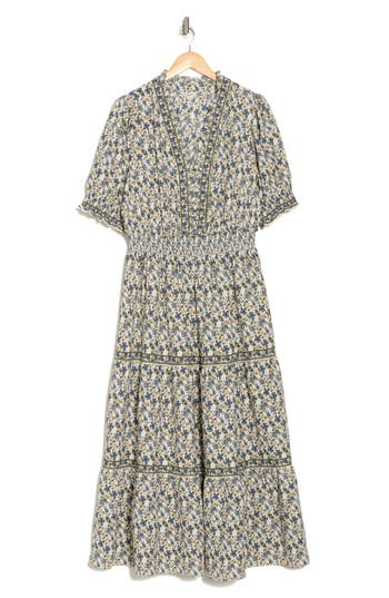 Max Studio Short Sleeve Tiered Maxi Dress In Cream/blue Floral Swing Vine