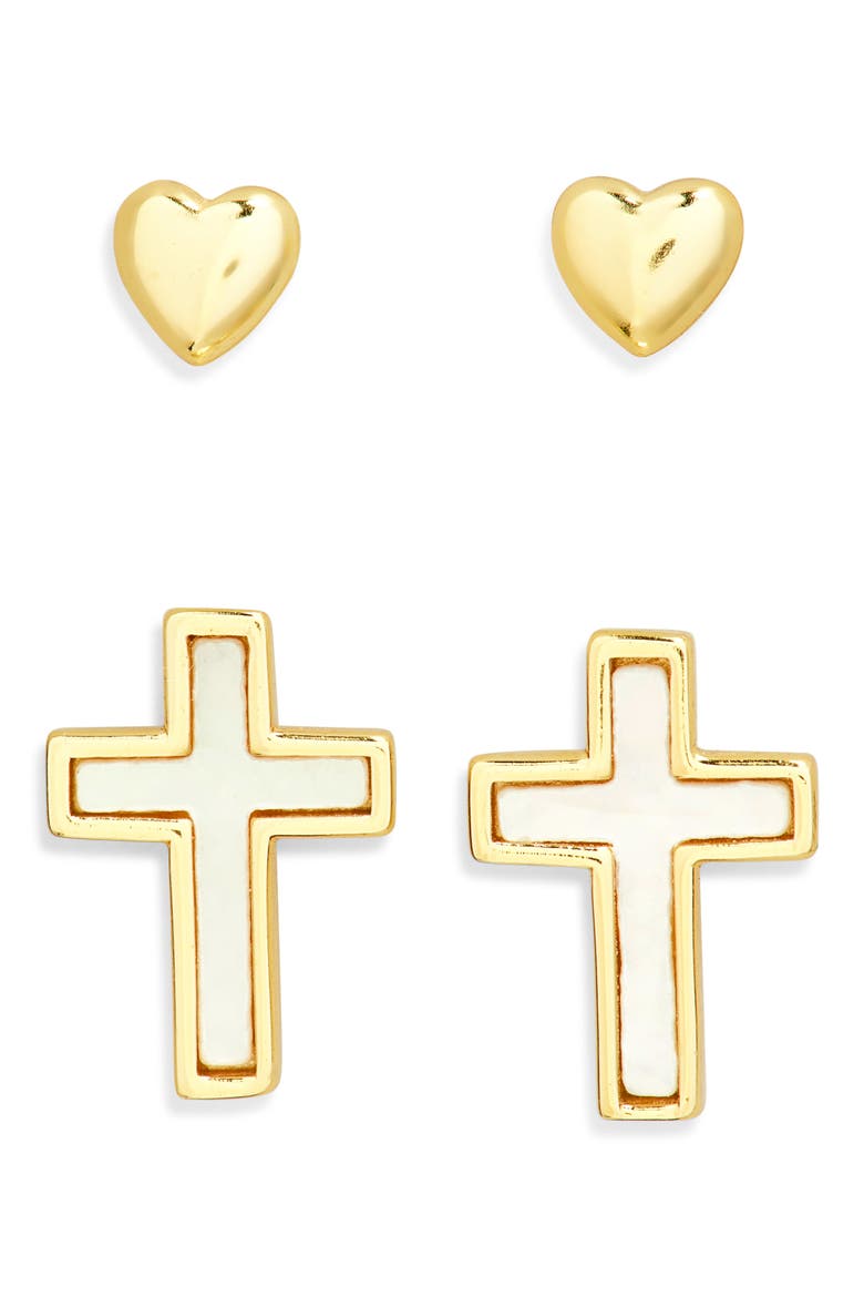 Set of 2 Heart & Mother-of-Pearl Cross Stud Earrings, Main, color, GOLD