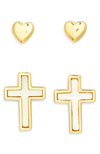 Argento Vivo Set Of 2 Heart & Mother-of-pearl Cross Stud Earrings In Gold