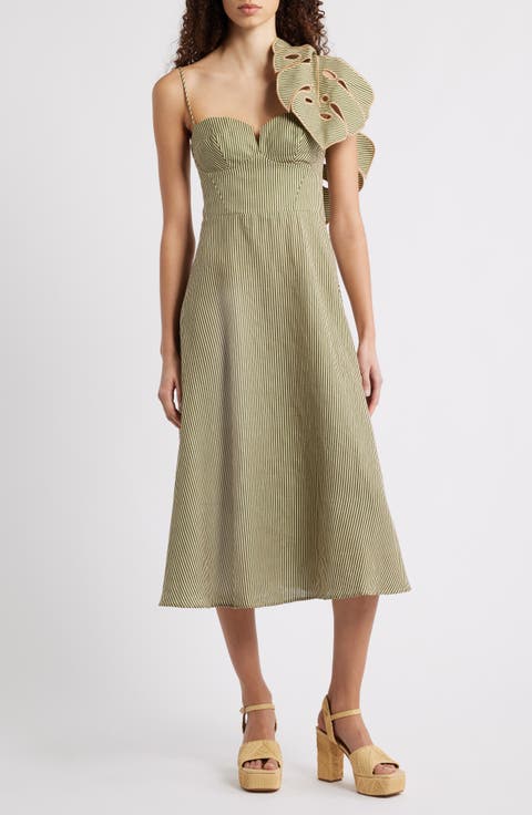 Stripe Monstera Leaf Sleeveless Linen Midi Dress