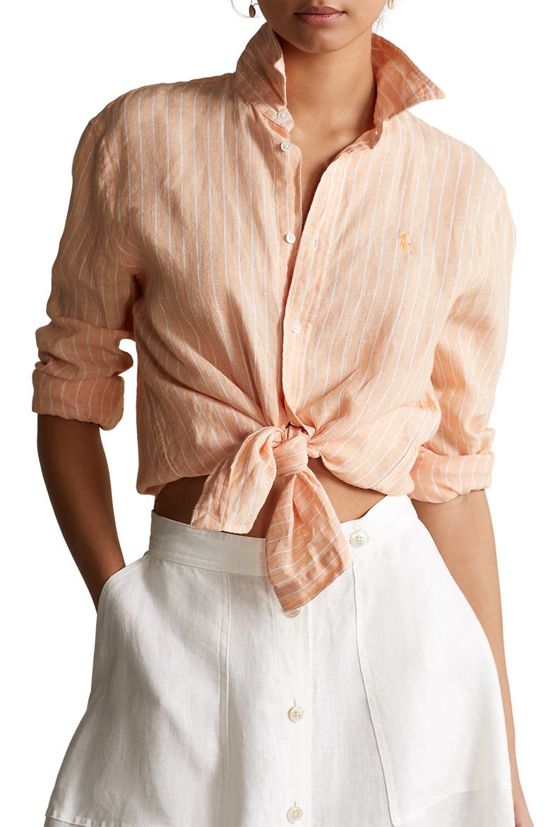 Stripe Linen Shirt, Main, color, PEACH/ WHITE