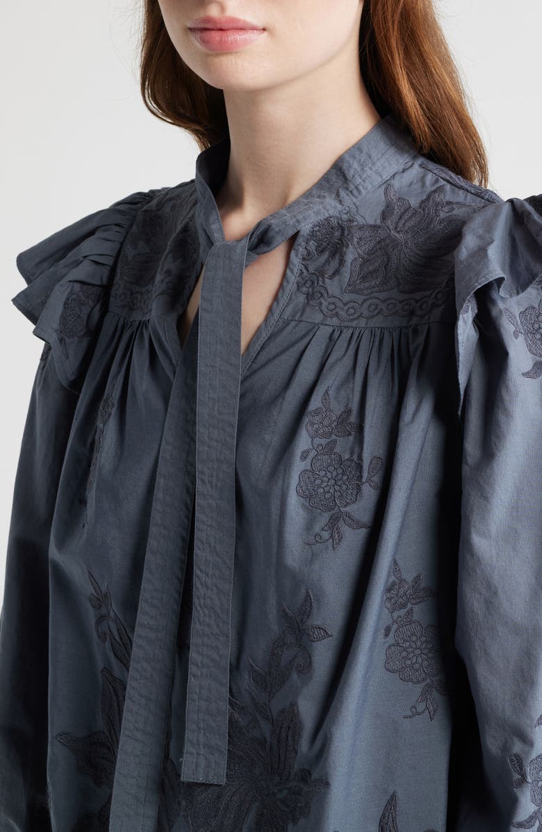 AllSaints Nisa Floral Embroidered Ruffle Top, Alternate, color, Steel Blue