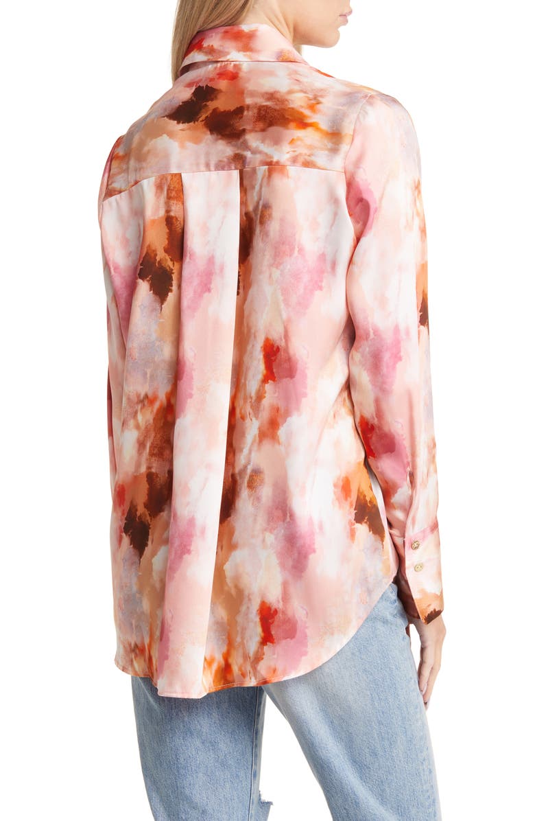 River Island Oversize Watercolor Print Satin Button-Up Blouse, Alternate, color, Pink