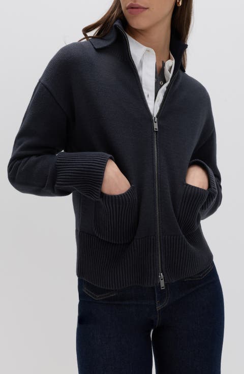 Point Collar Knit Cotton & Wool Blend Jacket