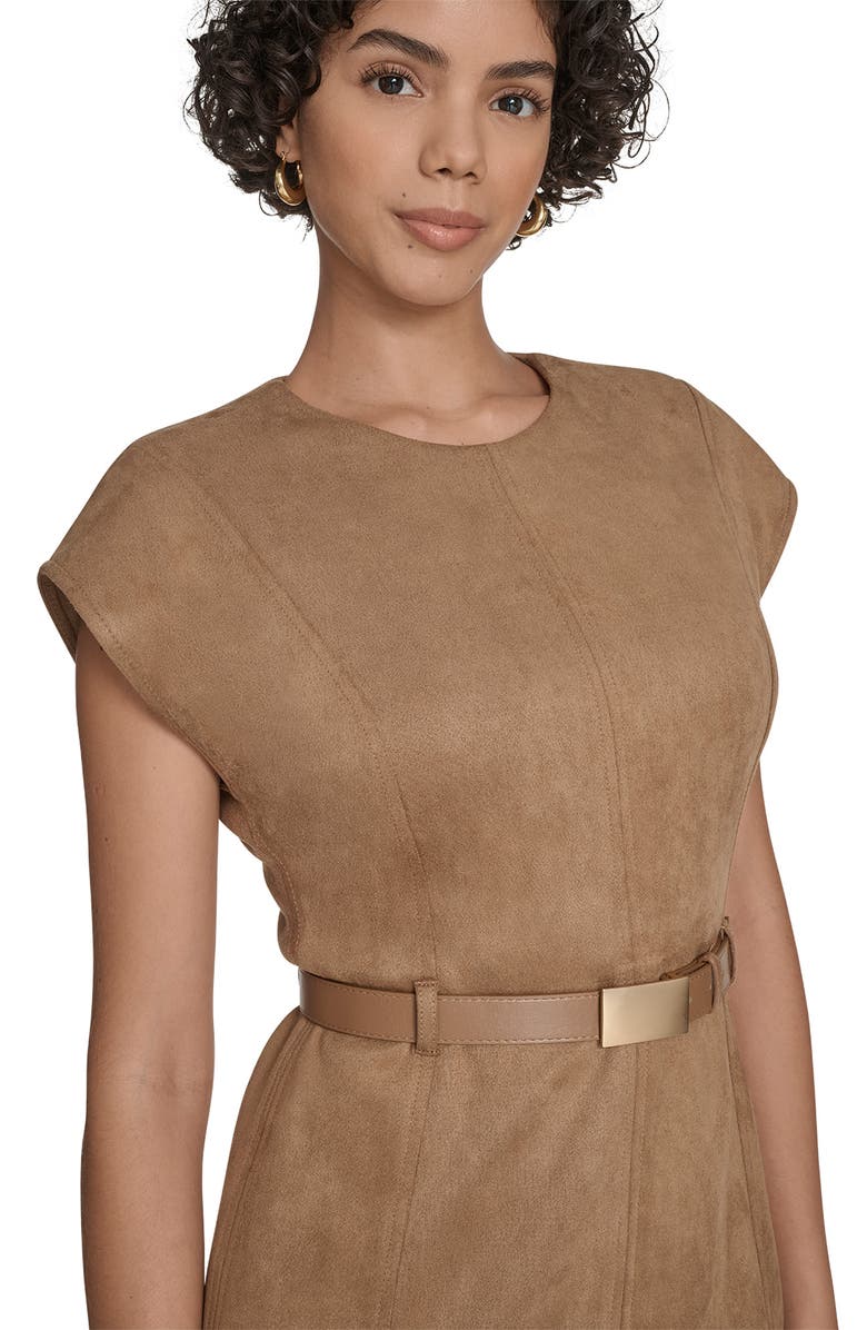Calvin Klein Cap Sleeve Belted Faux Suede Sheath Dress, Alternate, color, Luggage